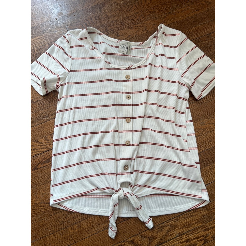 Paper Crane Womens Striped Ribbed Short Sleeve Front Tie Button Top White Red S
